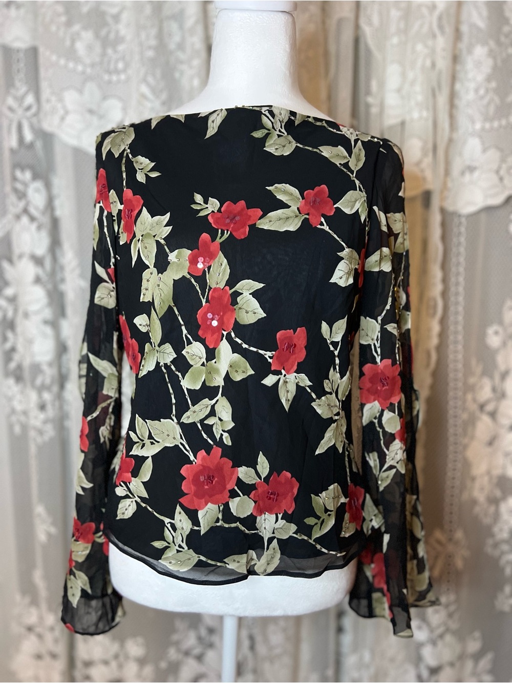 Papell Boutique 100% Silk Whimsigoth Black Sheer Blouse with Red Floral Print